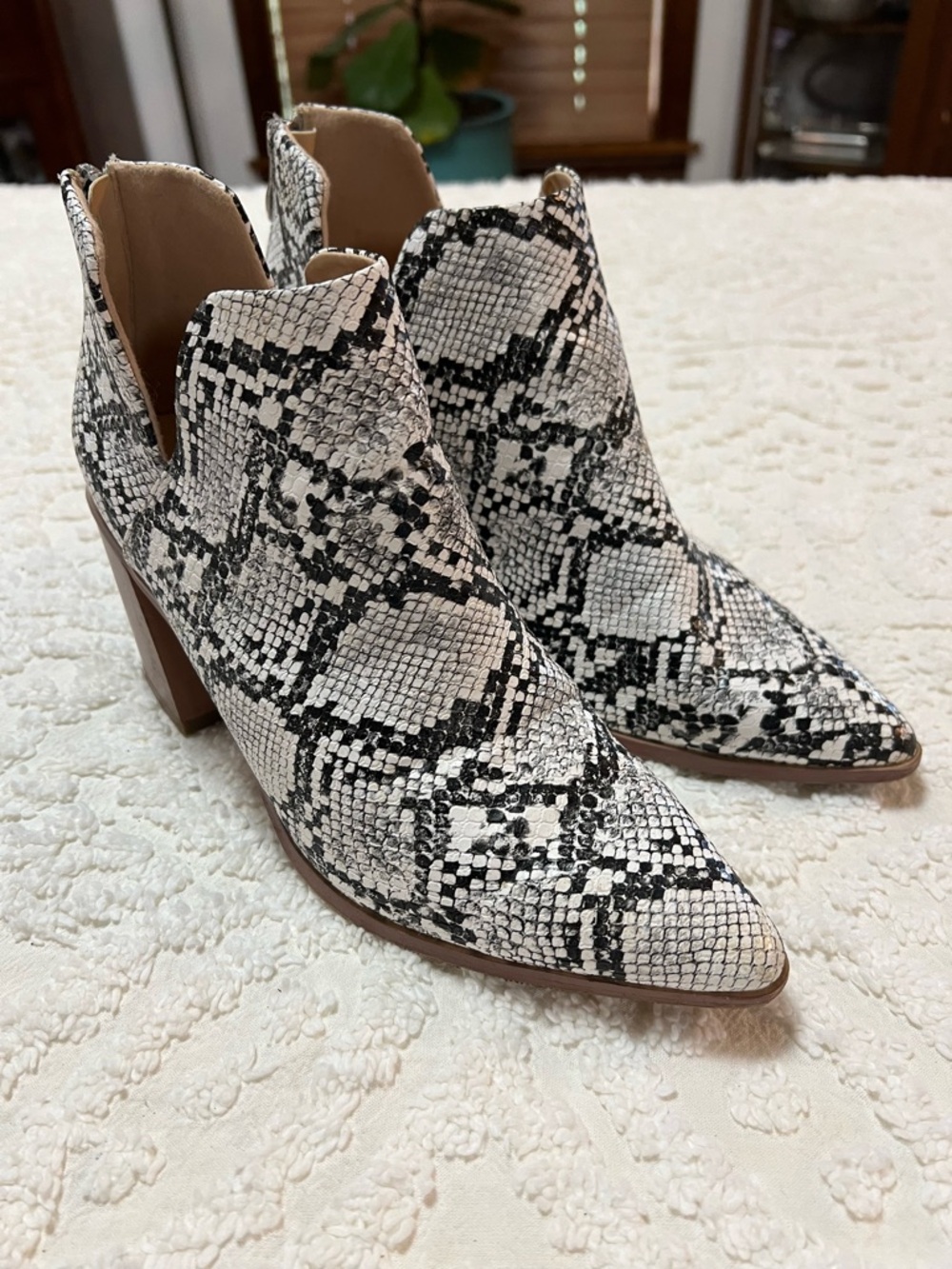 Women’s Snake-Print Pointed Toe Ankle Boot - Black & White